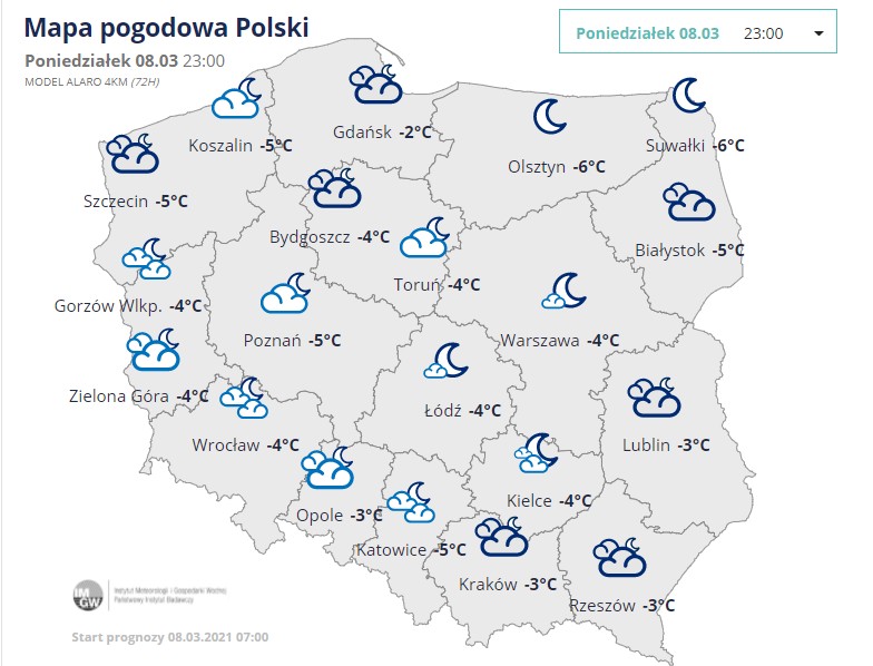 Temperatura w nocy z poniedziałku na wtorek