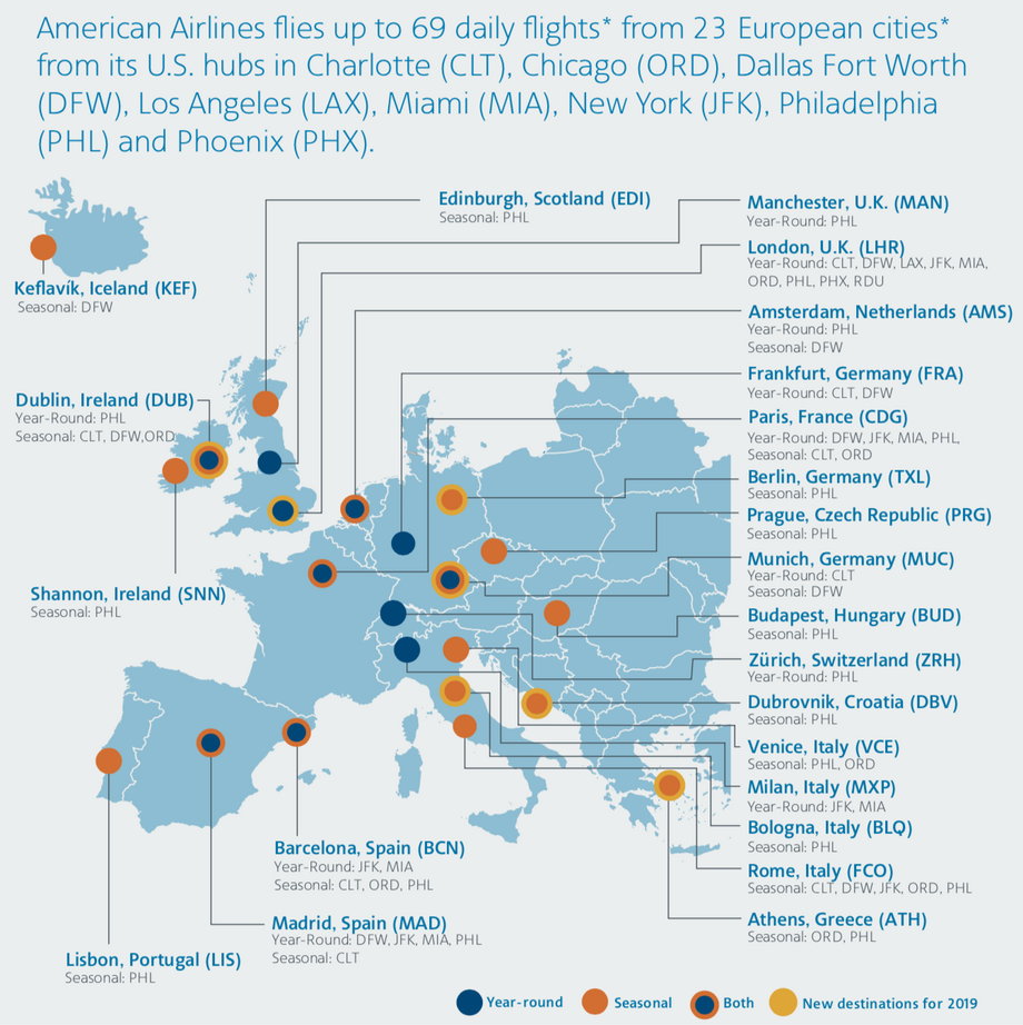 Mapa kierunków lotów American Airlines w Europie. Amerykański przewoźnik lata z USA do 23 miast na Starym Kontynencie. Na niebiesko zaznaczono kierunki całoroczne, na pomarańczowo - sezonowe, na żółto - nowe od 2019 roku