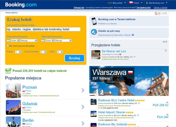booking.com – strona pomagająca wyszukać najdogodniejsze hotele i hostele na całym świecie (dostępna w wersji polskiej). System oceniania odwiedzonych przez użytkowników miejsc sprawia, że opisy hoteli i ocena klientów bardzo rzadko odbiega od rzeczywistości. Strona została przetestowana przez nas wielokrotnie i opis hotelu zawsze zgadzał się ze stanem faktycznym. Dużym plusem booking.com jest fakt, że rezerwacji dokonujemy za pomocą karty płatniczej, ale system tylko blokuje odpowiednią kwotę do czasu skorzystania z oferty. Właściwą opłatę uiszczamy dopiero na miejscu, po przybyciu do hotelu.
