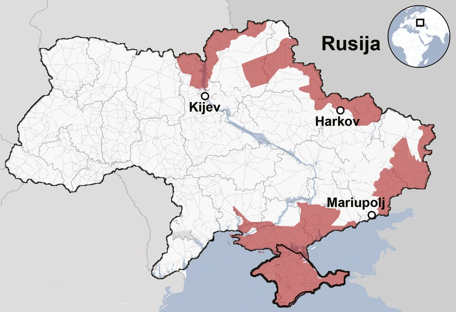 Crvenom bojom su označene teritorije koje su pod kontrolom Rusije