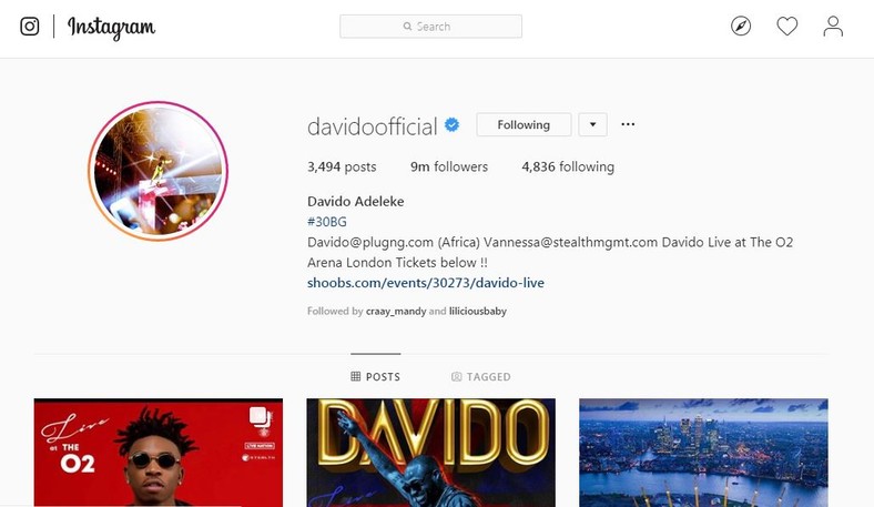 davido s fan base hits 9 million on instagram - most followed instagram accounts live