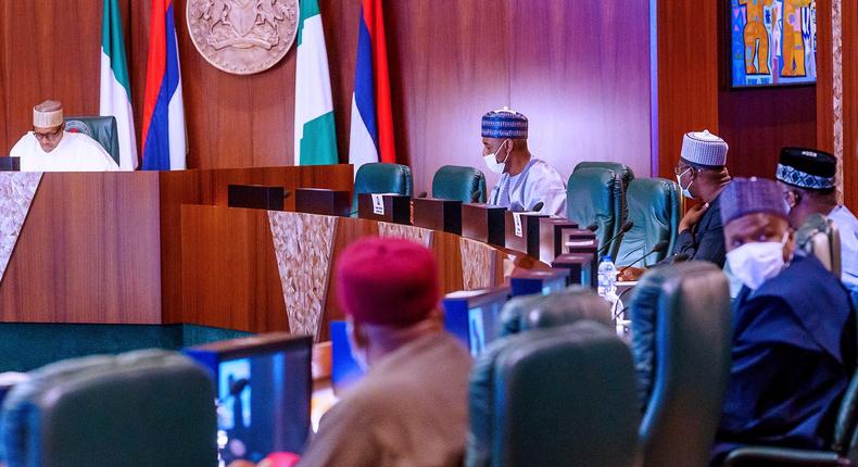 President Muhammadu Buhari meets with North East governors and Security Chiefs  behind closed doors on Monday. [Twitter/@BashirAhmaad]