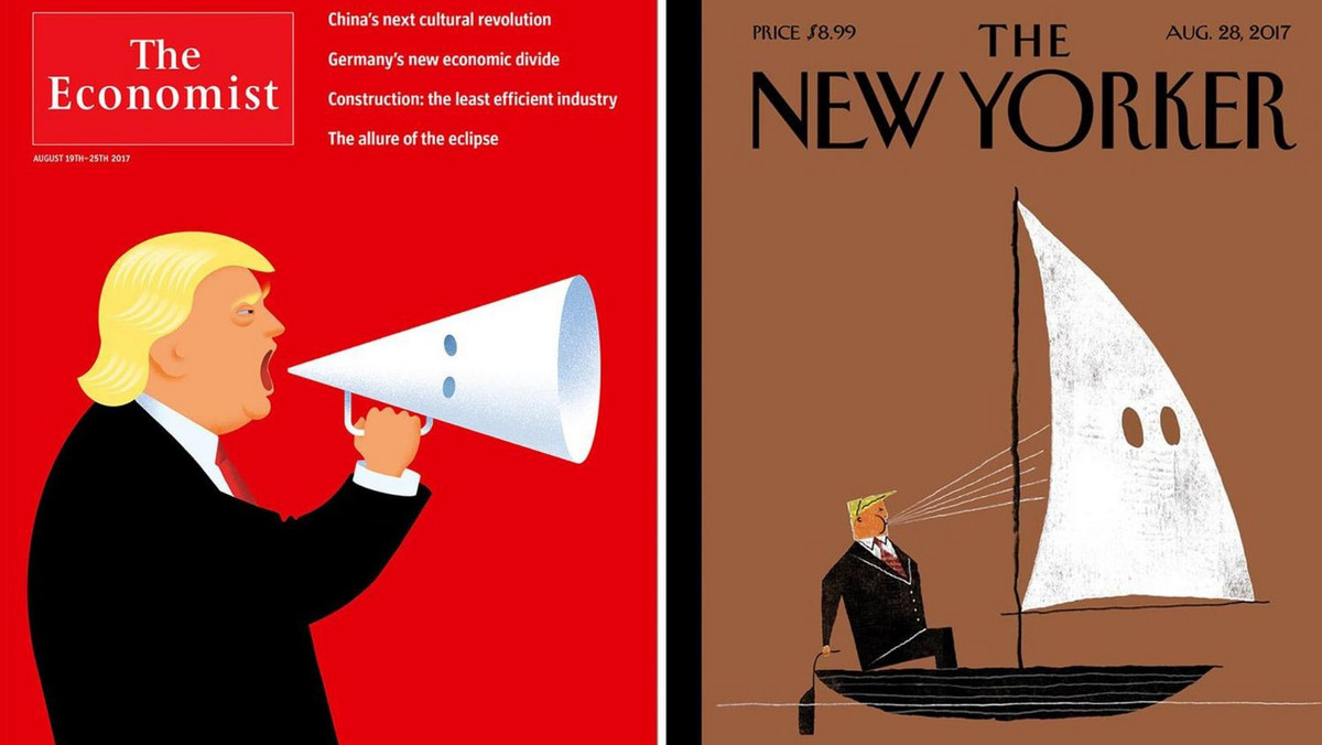 Okładki amerykańskich "The New Yorker" i "The Economist" w ostry sposób krytykują Donalda Trumpa i jego reakcję po tragedii w Charlottesville. "Czołówki" gazet nawiązują m.in. do podziękowań, które prezydentowi Stanów Zjednoczonych złożył lider Ku Klux Klanu.
