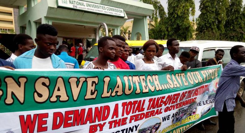 Students of LAUTECH engage in a peaceful protest at the National Universities Commission (NUC) in Abuja