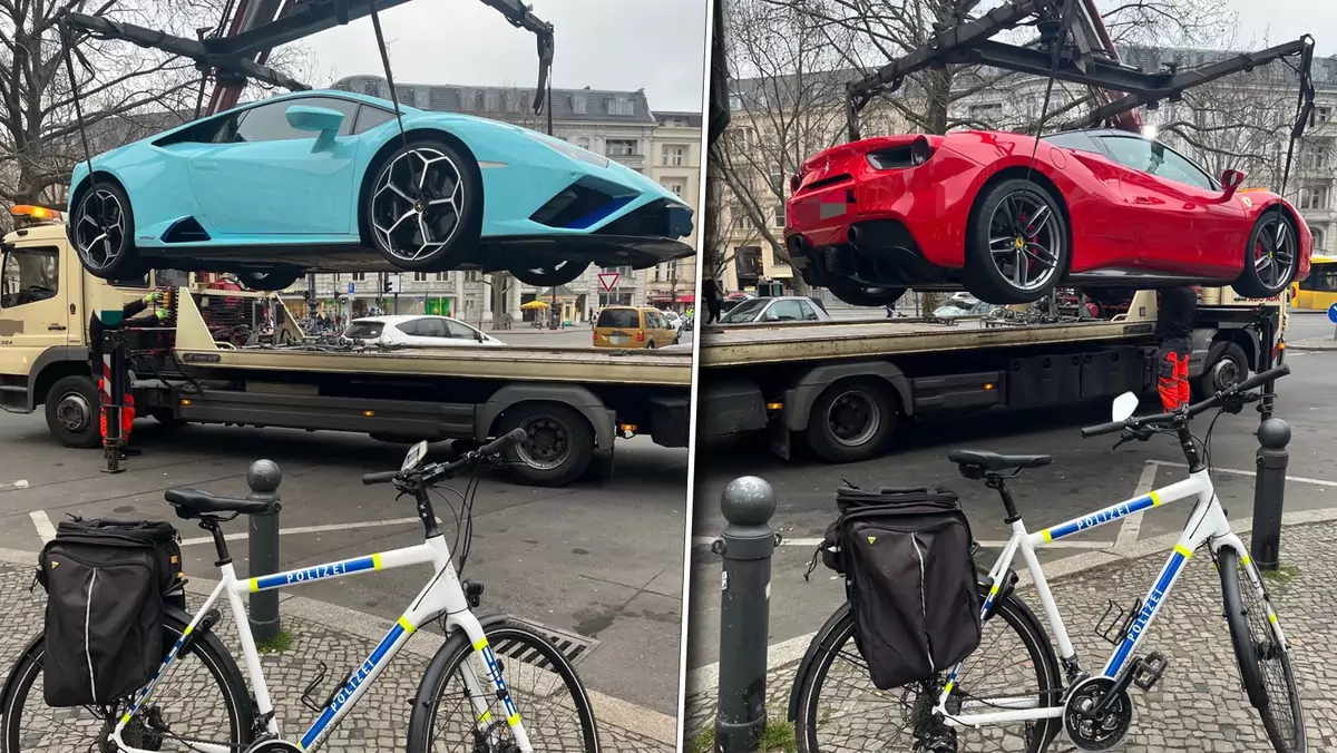 Odholowywane Ferrari 488 Spyder i Lamborghini Huracan