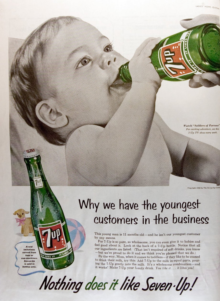 7up encouraged mothers to give their babies the sugary drink in the 1950s.