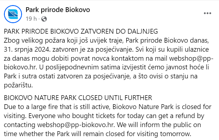 Museli zatvoriť aj Prírodný park Biokovo.