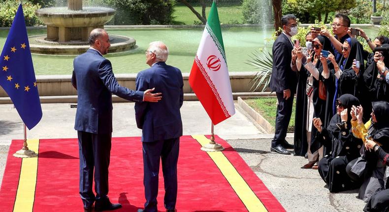 Iranian Foreign Minister Hossein Amir-Abdollahian with Josep Borell, the EU's top diplomat, at the Foreign Ministry in Tehran on June 25, 2022.