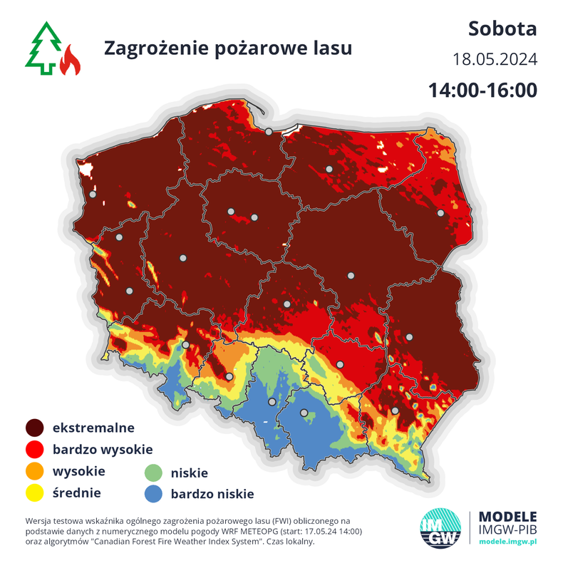 W sobotę na znacznym obszarze kraju pojawi się ekstremalne zagrożenie pożarowe