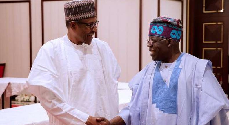 From Left: President Muhammadu Buhari and Asiwaju Bola Tinubu meet at the villa. (Premium Times)