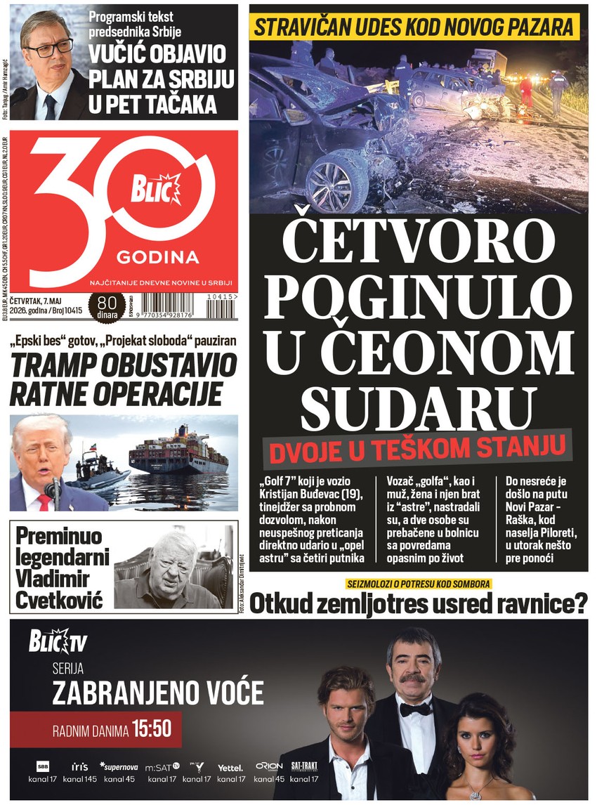 Blic naslovna strana za 7.5.