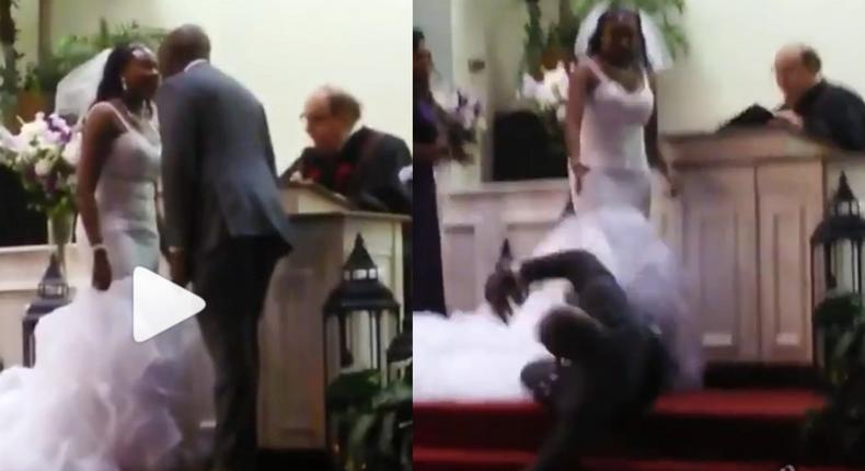 Groom rolls on the floor as anointing throws him off the altar after kissing bride (video)