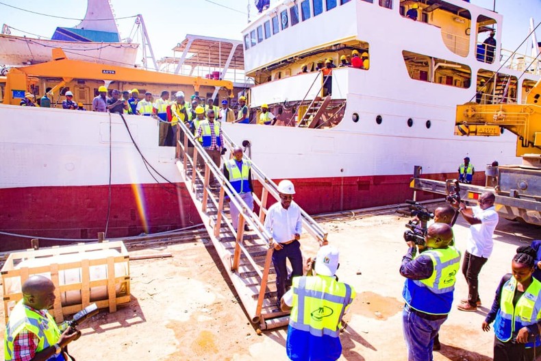 Tanzania's Minister for Transport, Prof. Makame Mbarawa, disembarks the MV Liemba during final lake trials in Kigoma. Photo: Dar es Salaam Merchant Group (DMG).