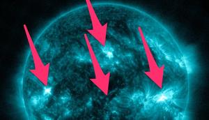 Eruptions appeared in four spots on the sun at the same time.NASA Solar Dynamics Observatory