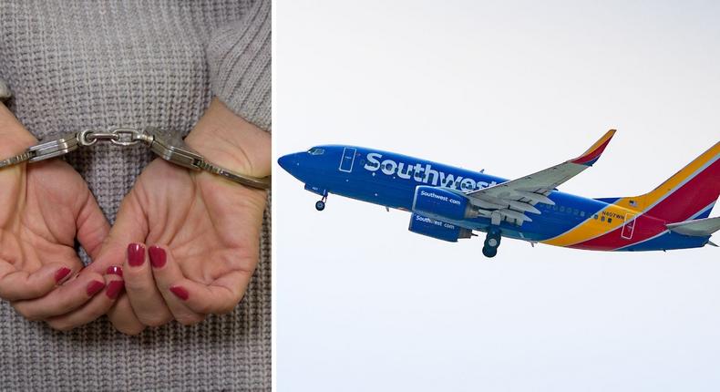 Illustrative photo of woman handcuffed; Southwest flight.zoka74/Getty Images; AaronP/Bauer-Griffin/Getty Images