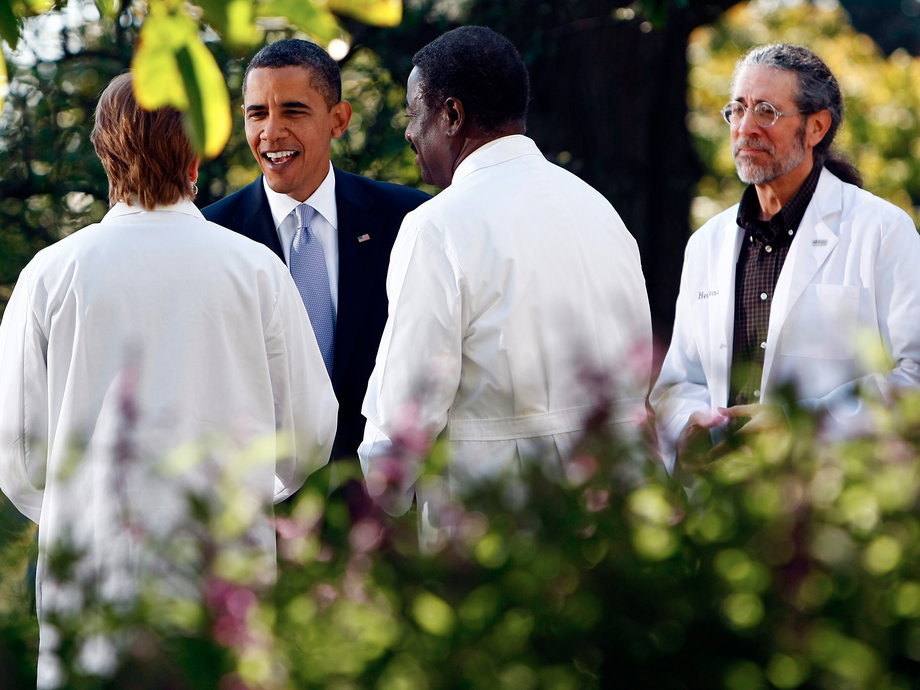 President Barack Obama greets doctors in the Rose Garden following an event at the White House on October 5, 2009, in Washington, DC, promoting his healthcare plan.