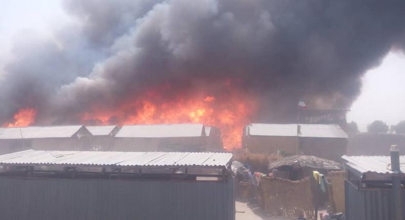 A fire accident ravaged an IDP camp in Monguno, Borno State on Thursday, February 7, 2019 [Twitter/@tvcnewsng]