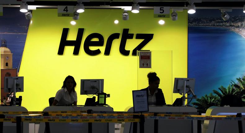 FILE PHOTO: The desk of car rental company Hertz is seen at Nice International airport during the coronavirus disease (COVID-19) outbreak in Nice, France, May 27, 2020. REUTERS/Eric Gaillard