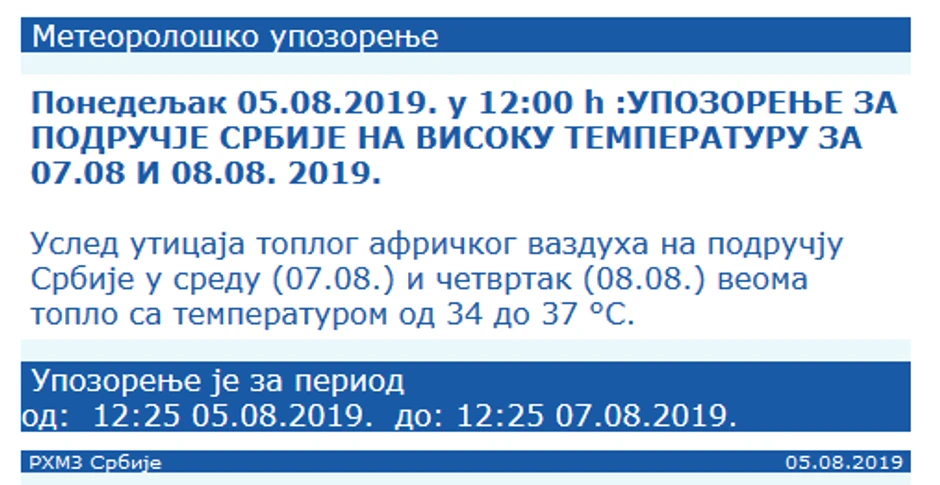 Upozorenje Republičkog hidrometorološkog zavoda