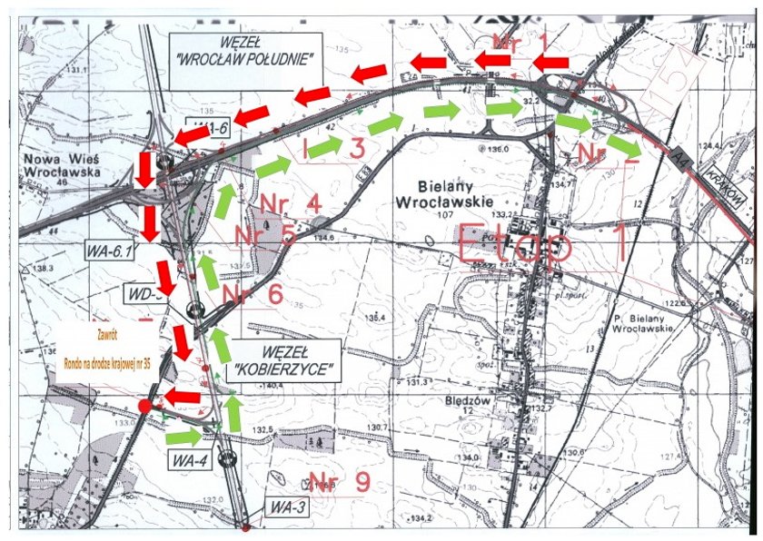 Mapka z nową organizacją ruchu na A4 na czas remontu