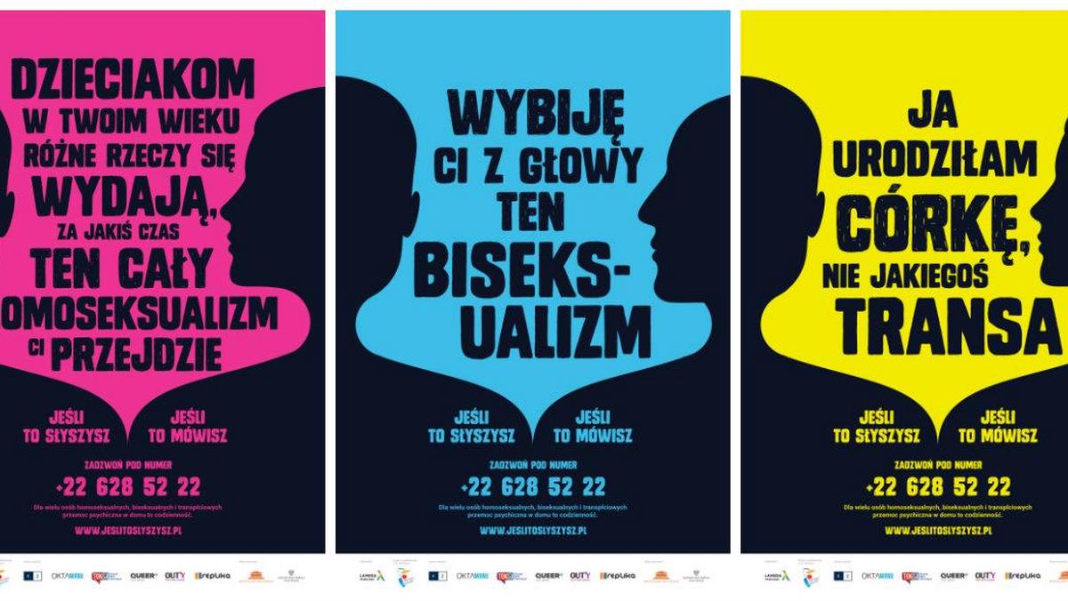Plakaty kampanii społecznej przeciwko przemocy domowej wobec osób LGBT.