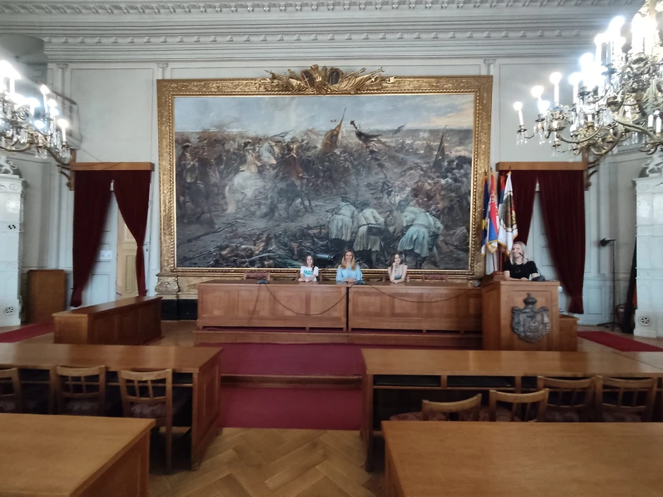 Sombor, zgrada Županije (Skupština opštine) i slika "Bitka kod Sente"