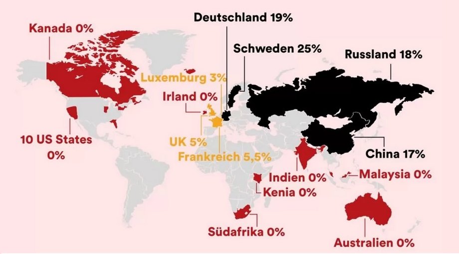 Wysokość tzw. pink tax (podatku od produktów higienicznych dla kobiet) na świecie. W Polsce wynosi 8 proc.