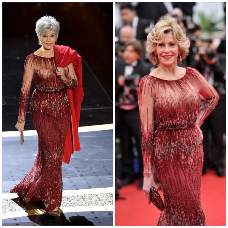 Jane Fonda w tej samej kreacji na Oscarach 2020 i na Festiwalu w Cannes w 2014 roku.