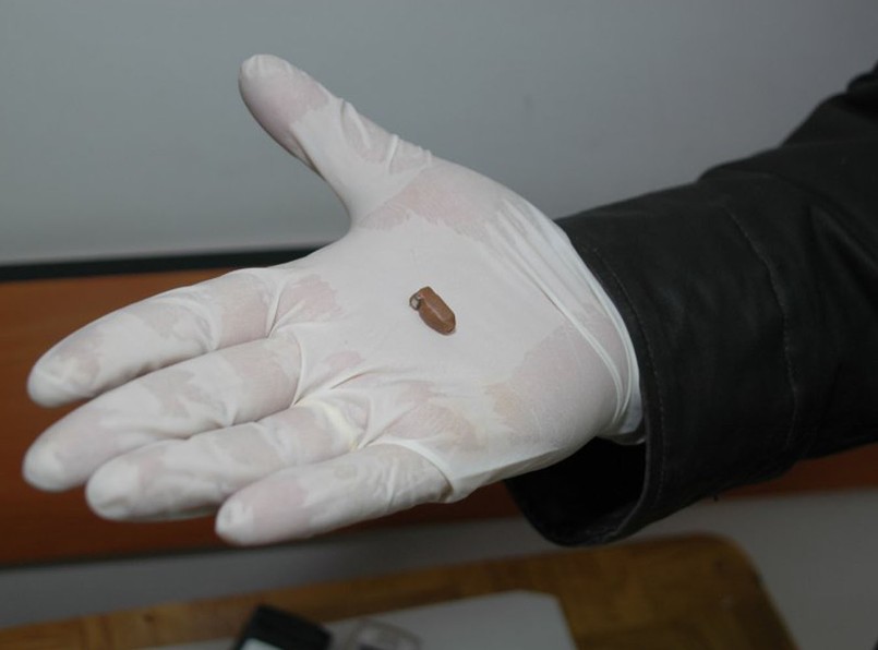 Słuchawka, którą oszust miał w uchu