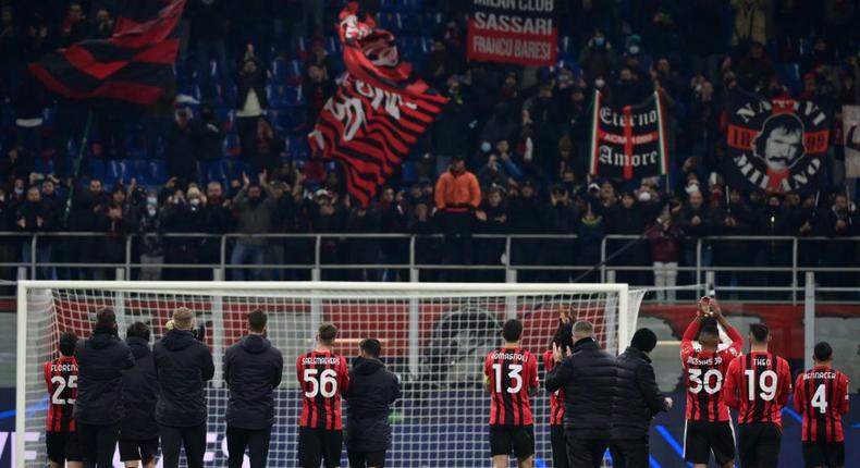 AC Milan's players acknowledge their supporters after defeat to Liverpool and their exit from the Champions League Creator: MIGUEL MEDINA