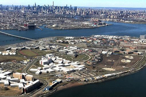 The Rikers Island Prison complex is seen from an airplane in the Queens borough of New York City, Ne