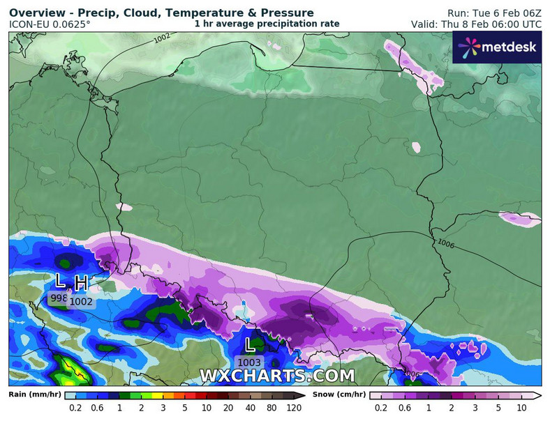 W nocy deszcz i śnieg pojawią się głównie na południu Polski