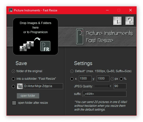 Główne okno programu do masowej zmiany rozdzielczości zdjęć - Fast Resize