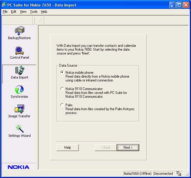 PC Suite for Nokia 7650 - Data import