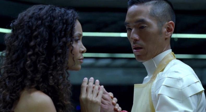 Thandie Newton as Maeve and Leonardo Nam as Felix Lutz on HBO's Westworld.