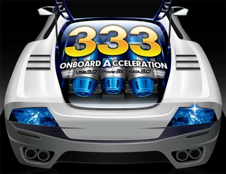 Logo „GIGABYTE 333 onboard acceleration technologies”