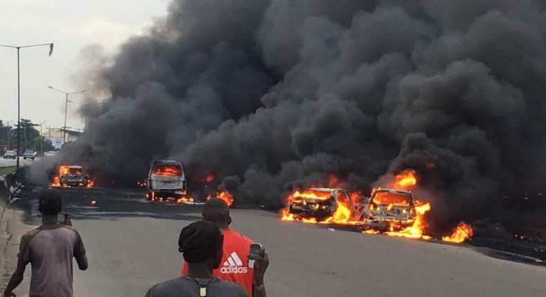 Scene of a petrol tanker fire incident which occurred at Berger area of Lagos on June 28, 2018.