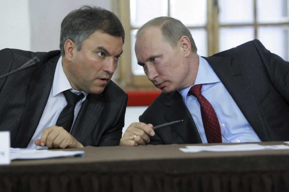 Russian Prime Minister Vladimir Putin, right, talks to Government Chief of Staff Vyacheslav Volodin during a meeting on the development of local self-government in Pskov's Kremlin, some 404 miles northwest of Moscow, May 23, 2011.
