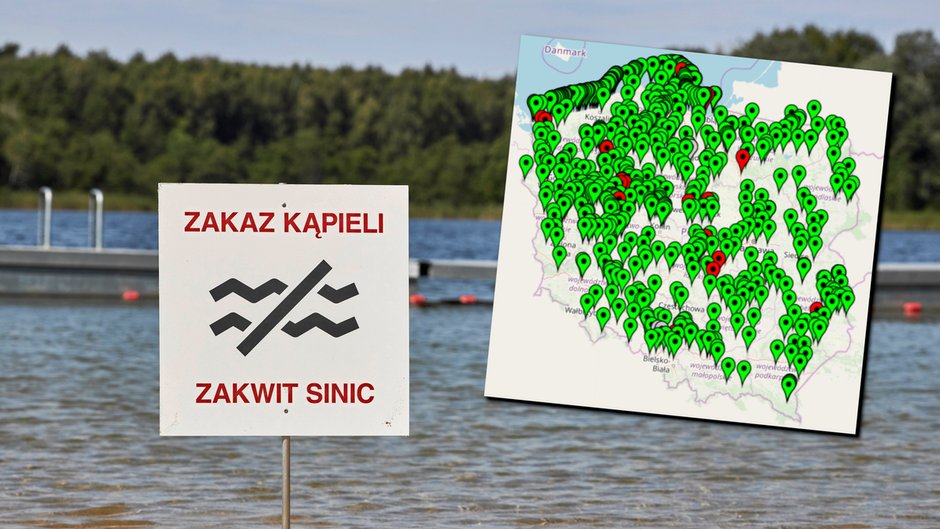 Mapa przedstawiająca kąpieliska, które zostały zamknięte. W tle znak, mówiący o zakazie kąpieli