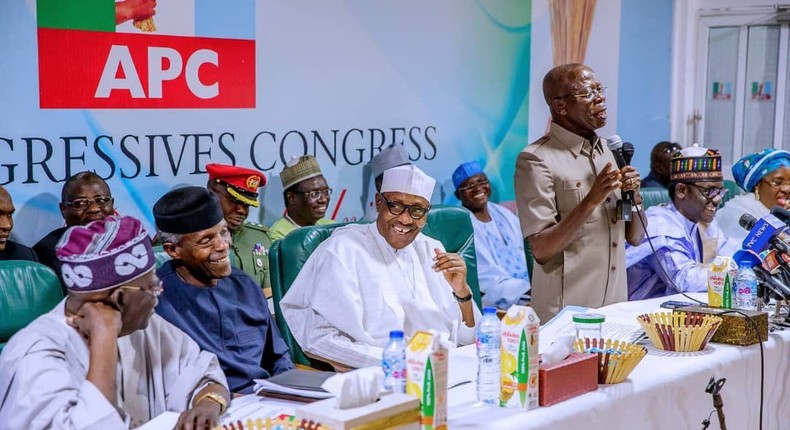 President Muhammadu Buhari, Vice President Yemi Osinbajo, APC Chairman Adams Oshiomhole and the party's national leader Asiwaju Bola Ahmed Tinubu at the APC Caucus meeting in Abuja on Monday, February 18, 2019 (APC media)