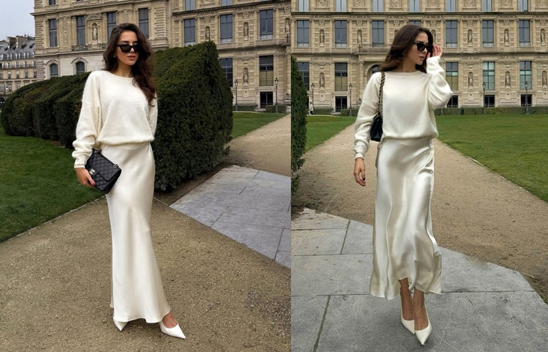 Ako nosiť sukňu s pulóvrom štýlovo.