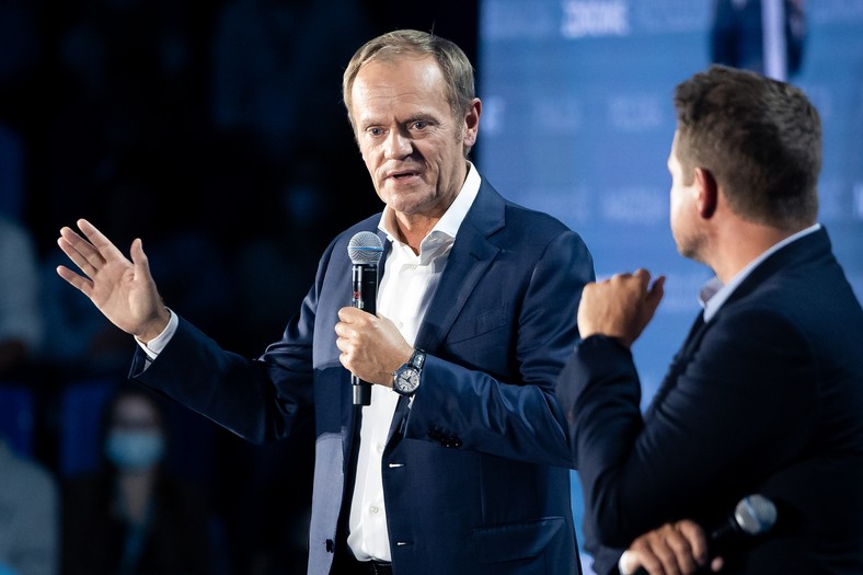 Donald Tusk i Rafał Trzaskowski w Olsztynie, 27 sierpnia 2021 r.