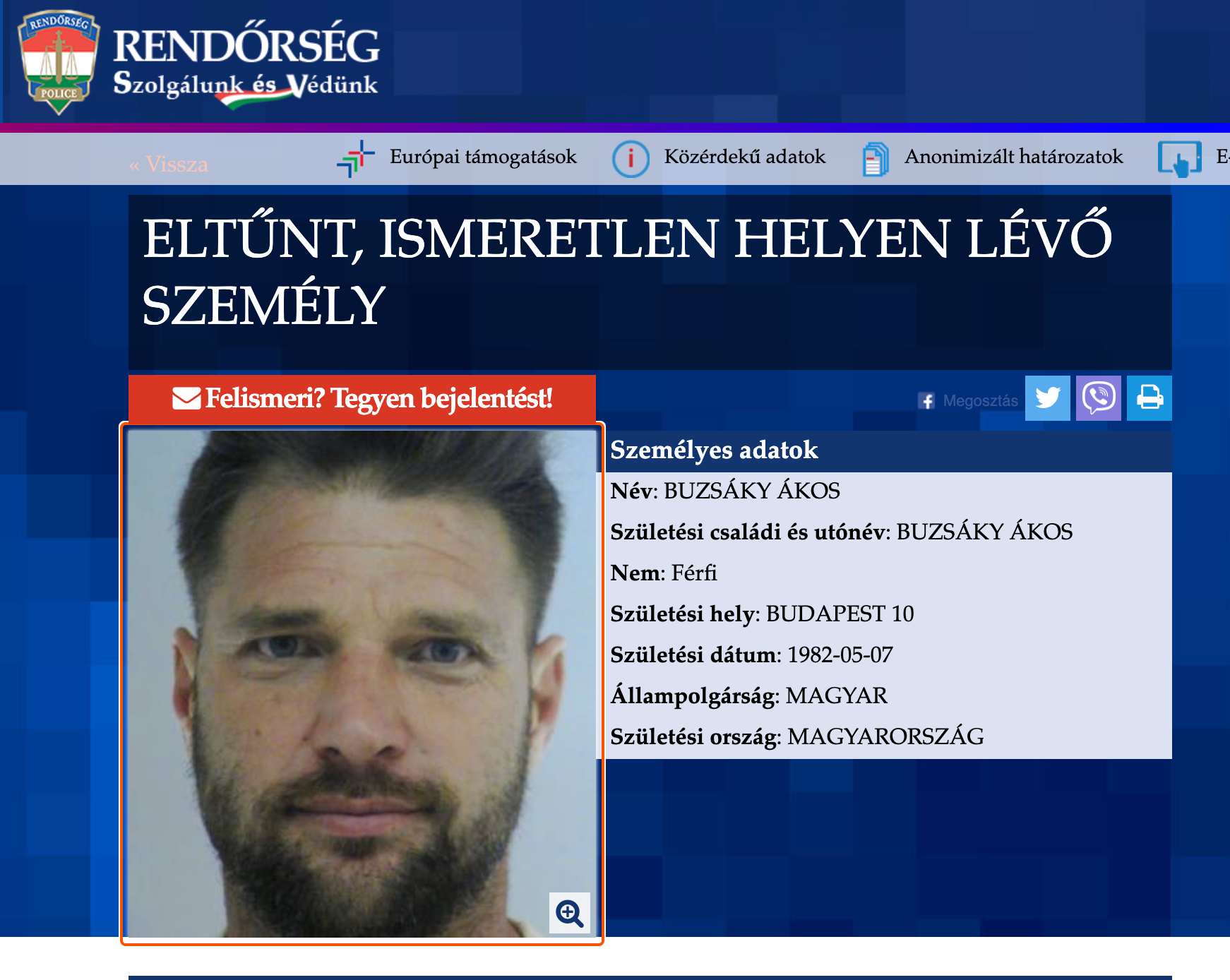 Nezvestný Ákos Buzsáky.
