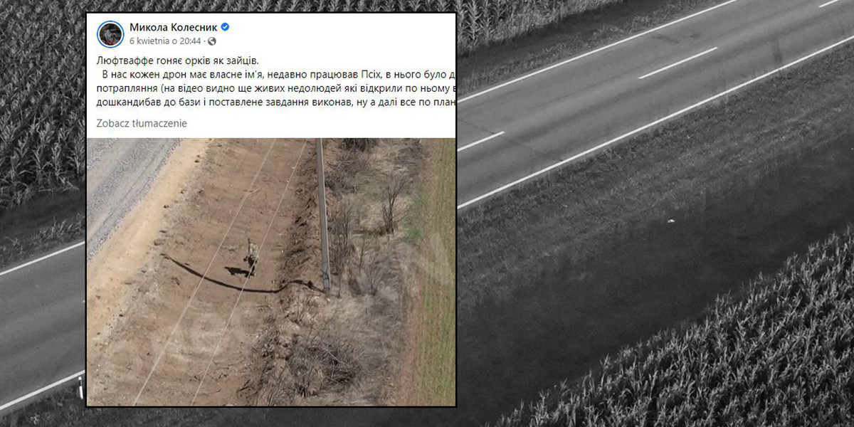 Rosyjski żołnierz ucieka przez ukraińskim dronem. 