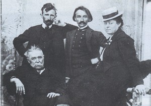 Borivoje Stevanović, Kosta Miličević i Nadežda Petrović sa učiteljem Đorđem Krstićem, 1907. 