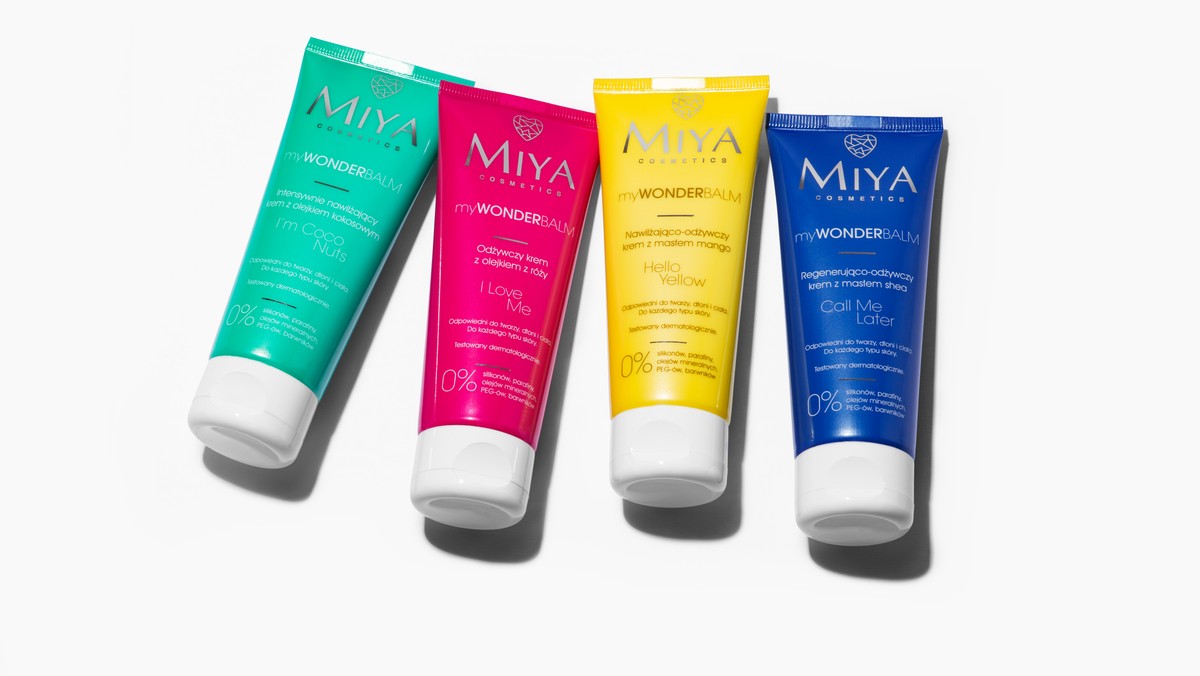 MIYA Cosmetics myWONDERBALM to seria kremów do twarzy, które w naturalny sposób pielęgnują każdy rodzaj cery. Nie zawierają szkodliwych składników, są za to bogate w wiele naturalnych olejków i ekstraktów, które pokocha twoja skóra. Dodatkowo kuszą cudownym zapachem i kolorowymi opakowaniami.