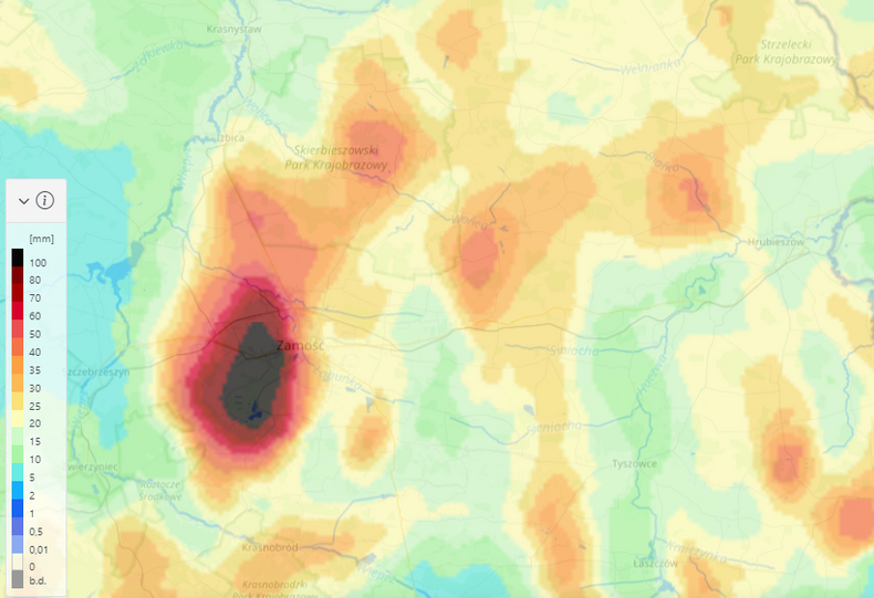 Prognozowana suma opadów w rejonie Zamościa w ciągu ostatniej doby
