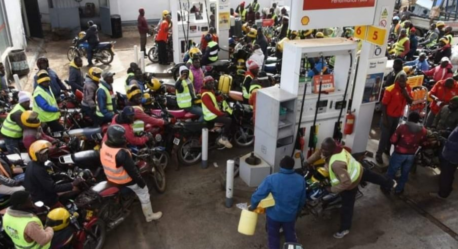 File image of boda boda operators queueing for fuel at a petrol station