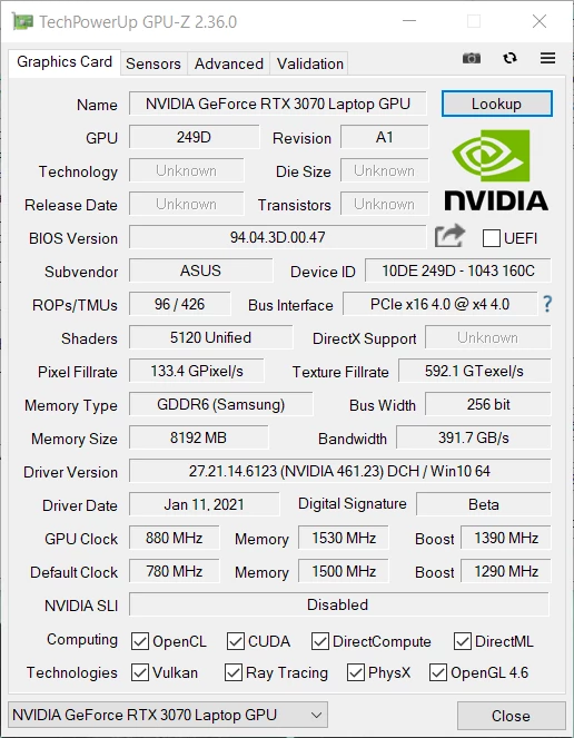 Asus TUF Dash F15 (FX516PR) – GPU-Z – specyfikacja dedykowanego układu graficznego