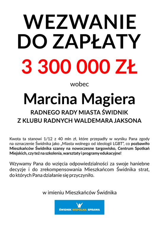 Świdnik Wspólna Sprawa - wezwanie do zapłaty